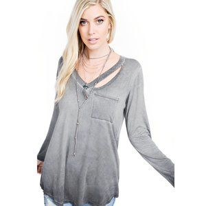 NEW 143 Story Gray Cut Out Neck Long Sleeve Top